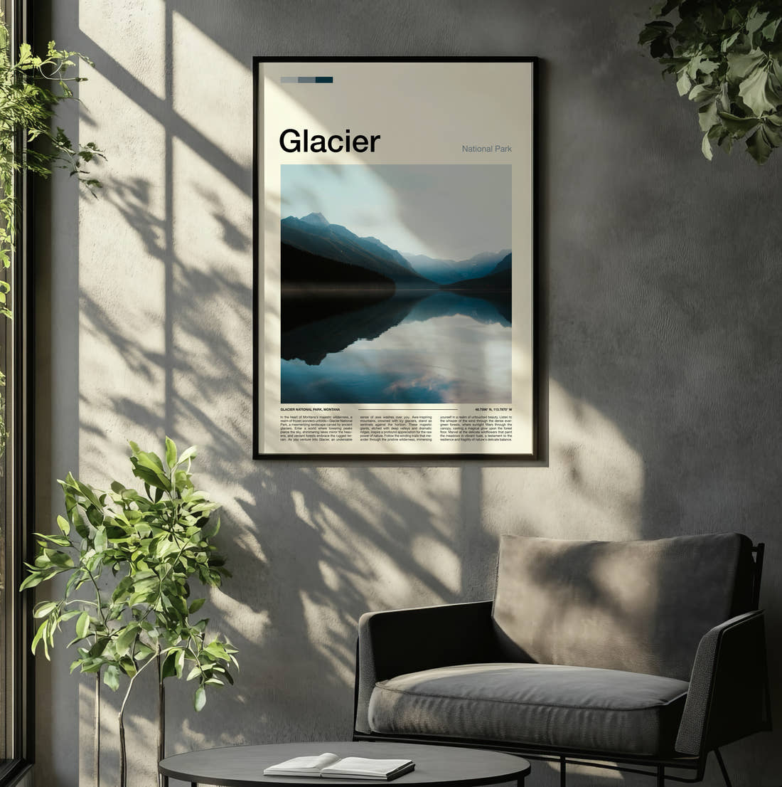 Glacier Mountain Lake Reflection Travel Print framed on the wall of a relaxed living room