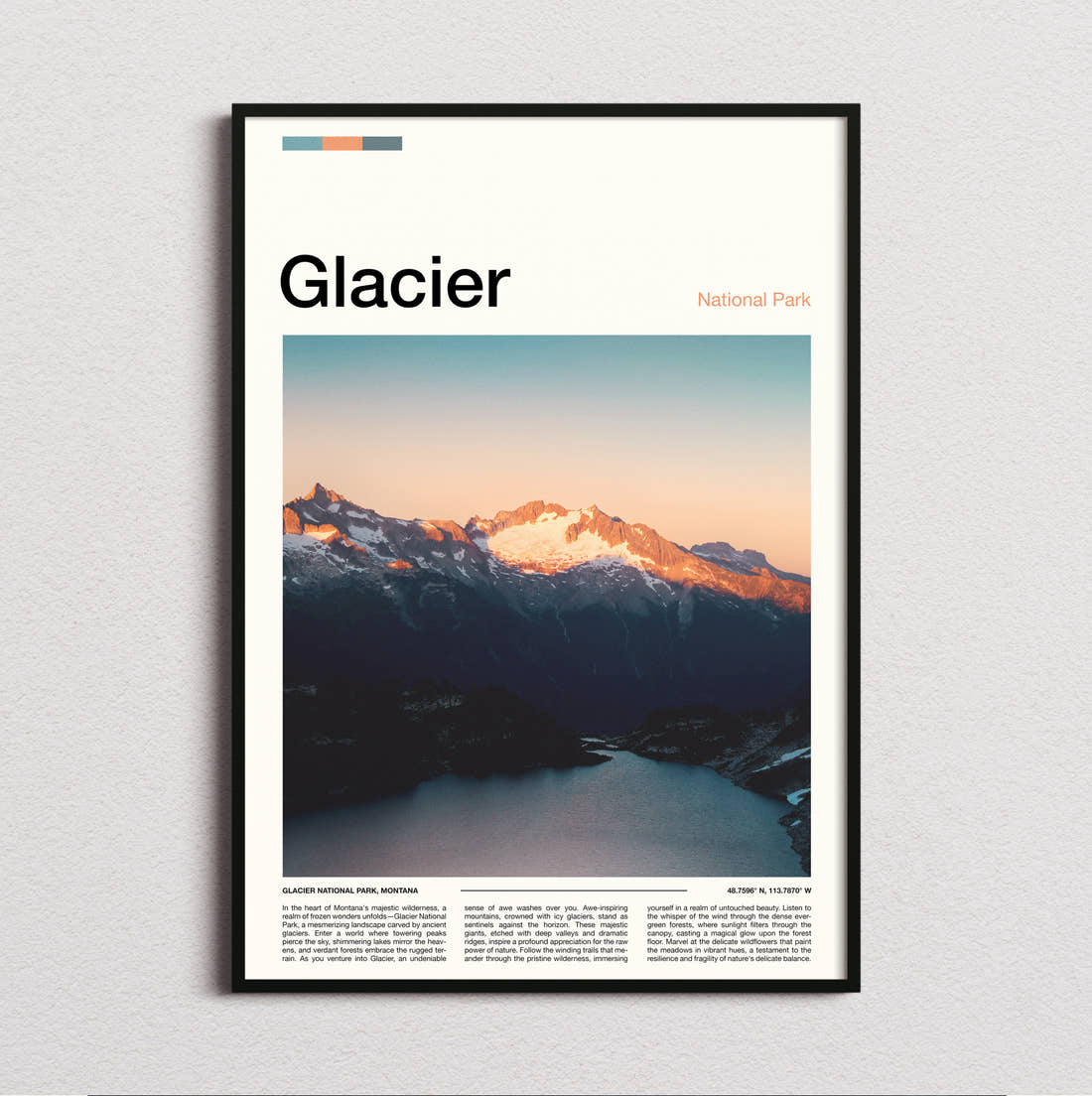 Glacier Sunlit Mountain Ridge Travel Print framed and photographed straight on