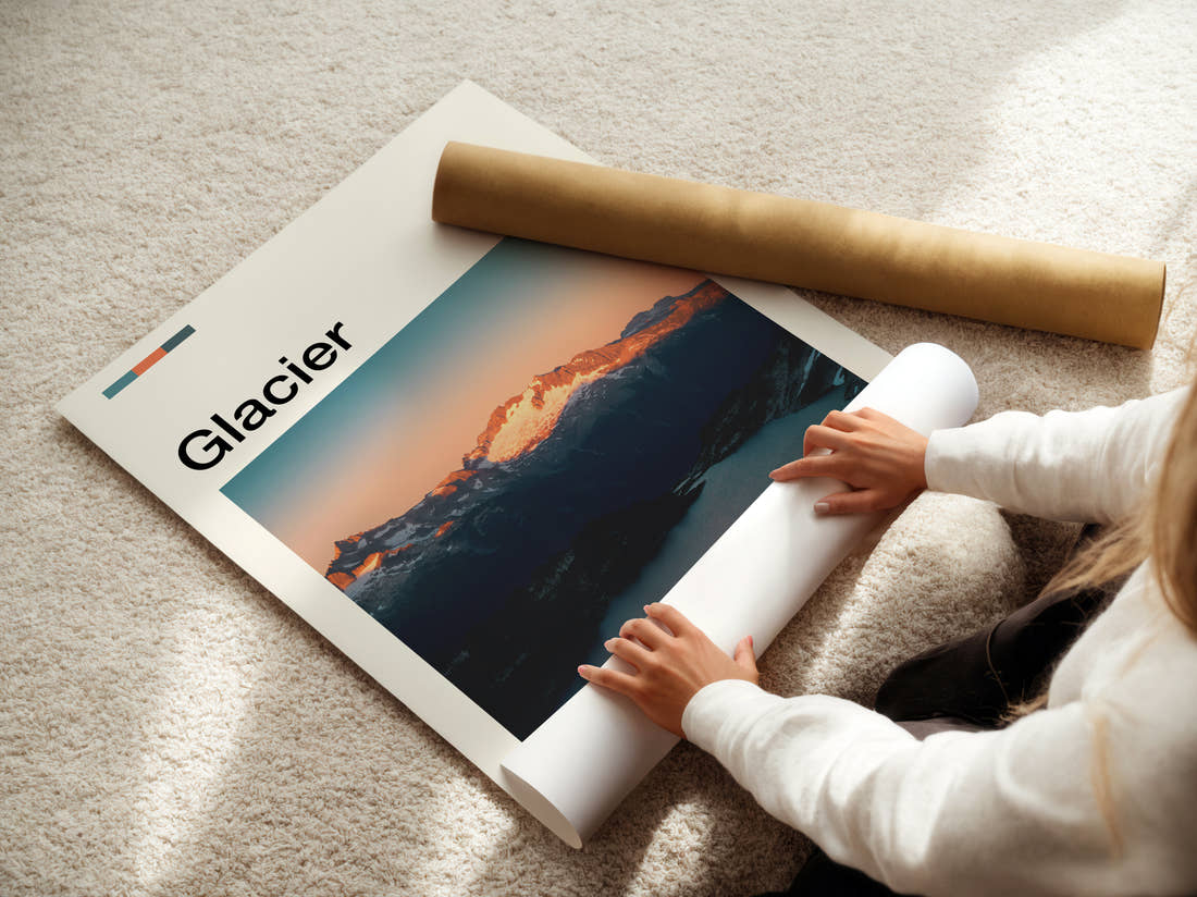Glacier Sunlit Mountain Ridge Travel Print being unrolled from its postal tube
