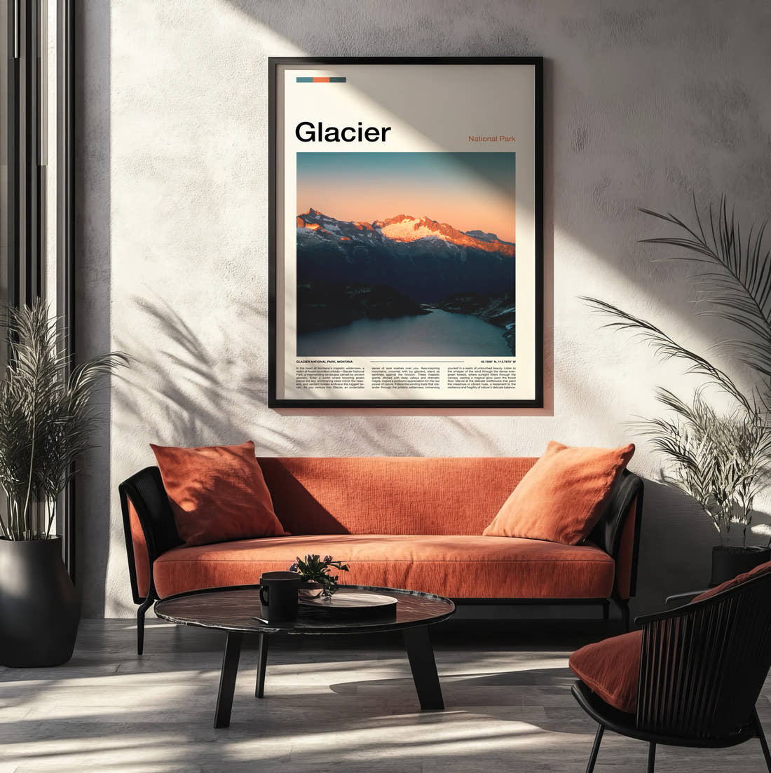 Glacier Sunlit Mountain Ridge Travel Print framed on the wall of a modern living room