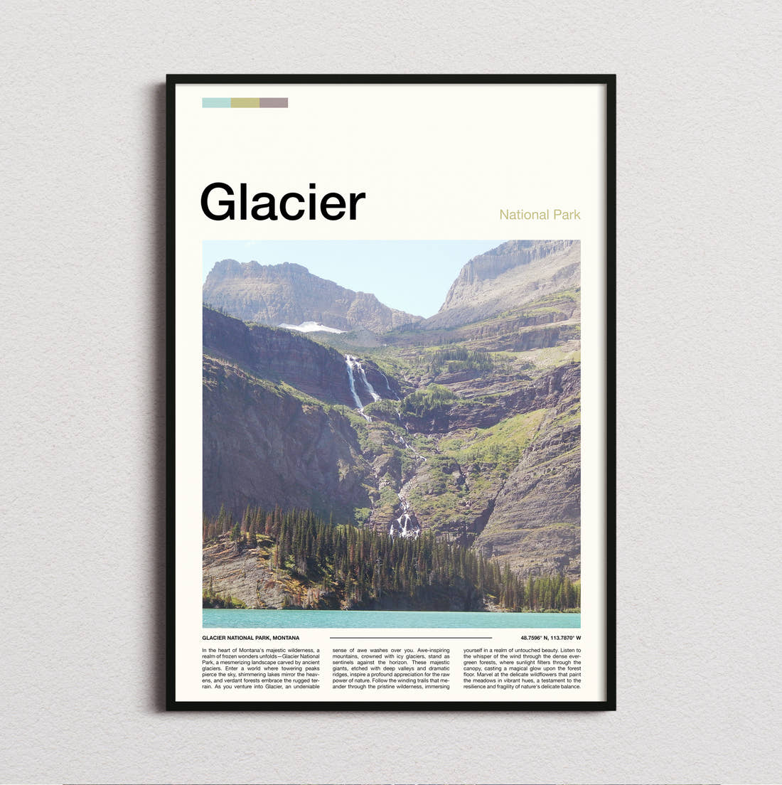 Glacier Waterfalls In The Valley Travel Print framed and photographed straight on