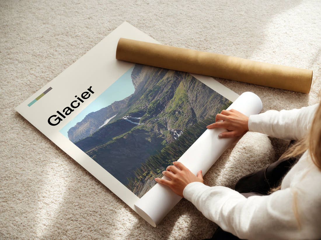Glacier Waterfalls In The Valley Travel Print being unrolled from its postal tube