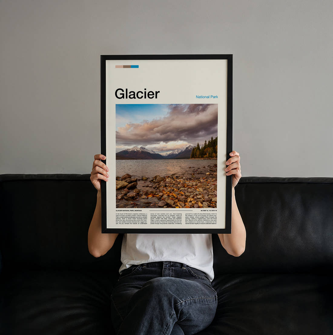Glacier Pebble Shore By The Lake Travel Print held up by hand to show the size of the print