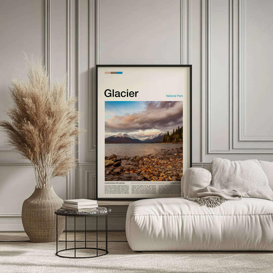 Glacier Pebble Shore By The Lake Travel Print framed on the wall of a calm, neutral bedroom