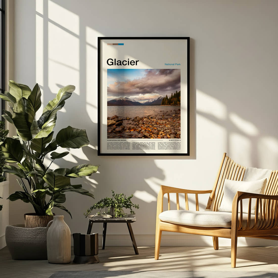 Glacier Pebble Shore By The Lake Travel Print framed on a pale wall beside houseplants