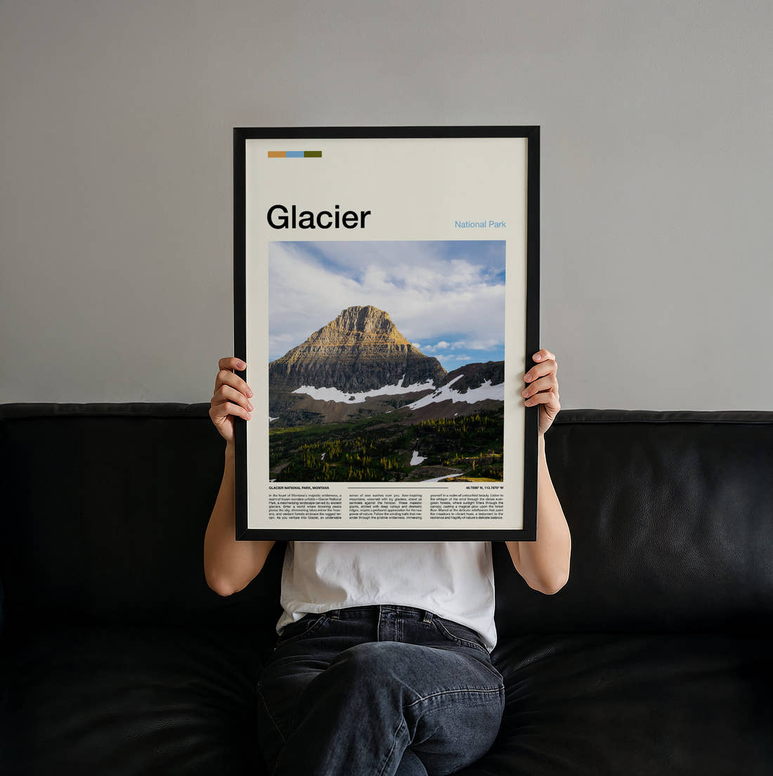 Glacier Rocky Mountain Peak Travel Print held up by hand to show the size of the print