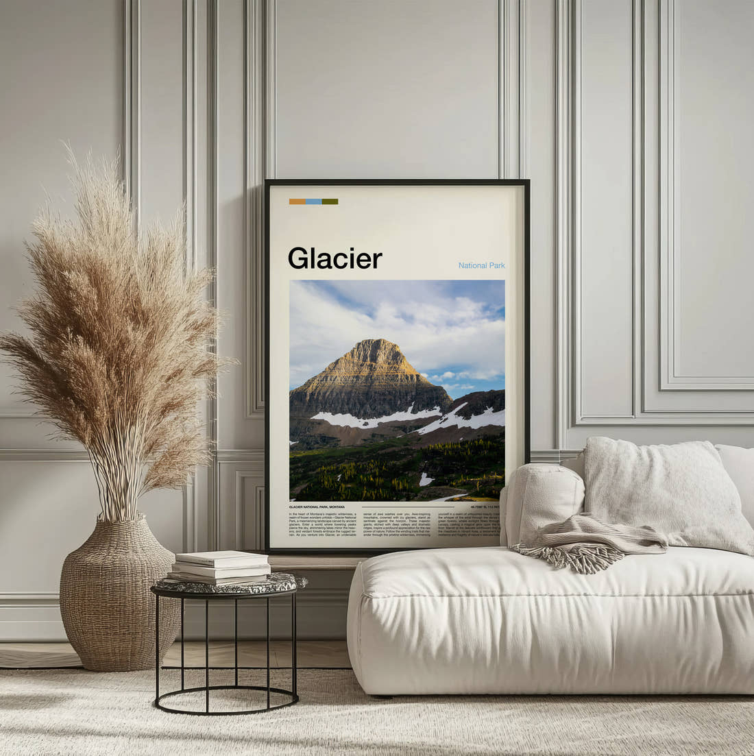 Glacier Rocky Mountain Peak Travel Print framed on the wall of a calm, neutral bedroom