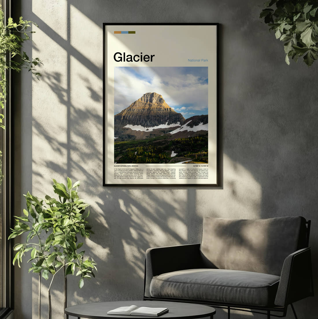 Glacier Rocky Mountain Peak Travel Print framed on the wall of a relaxed living room