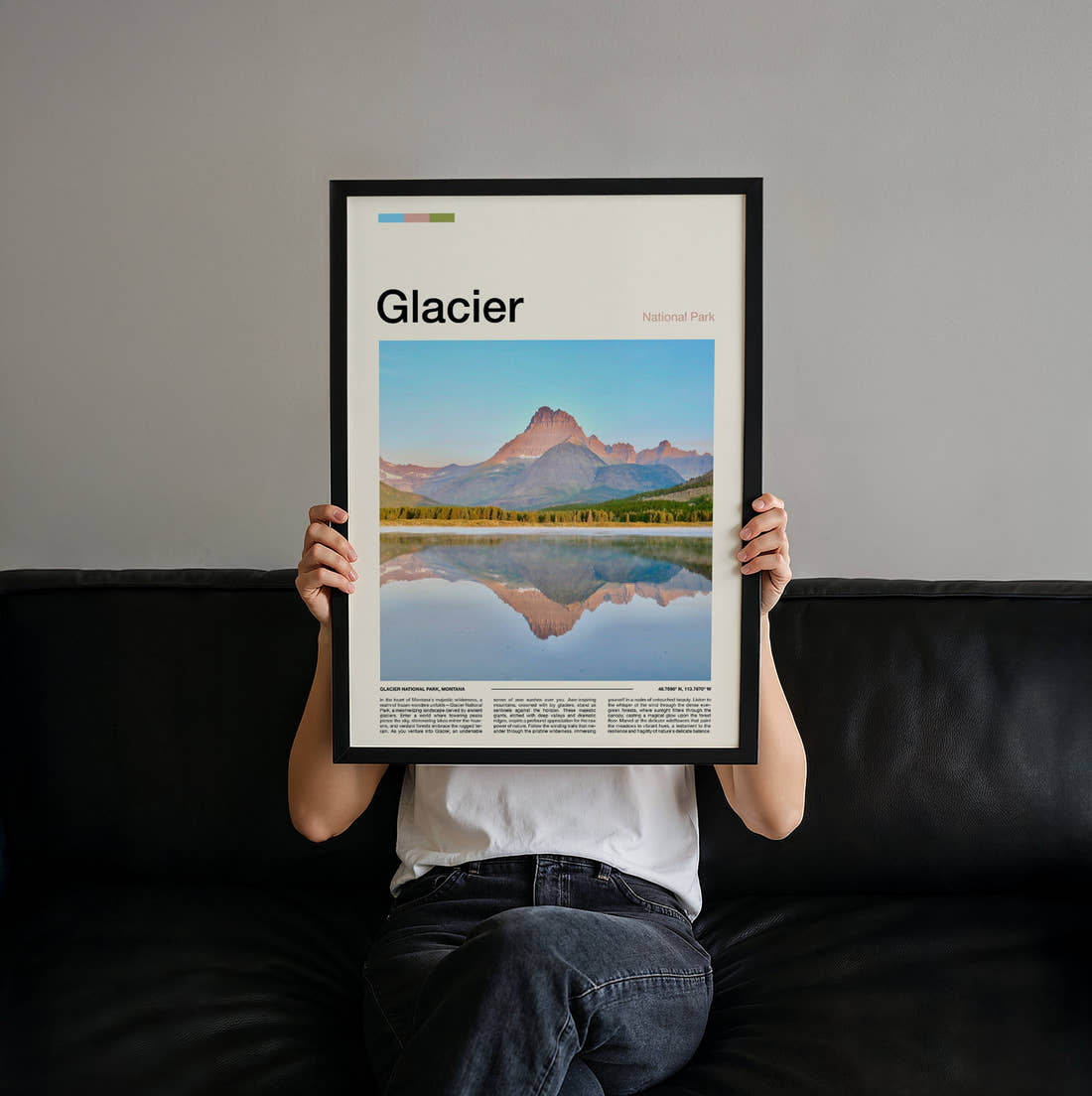 Glacier Mountain Reflected In The Lake Travel Print held up by hand to show the size of the print