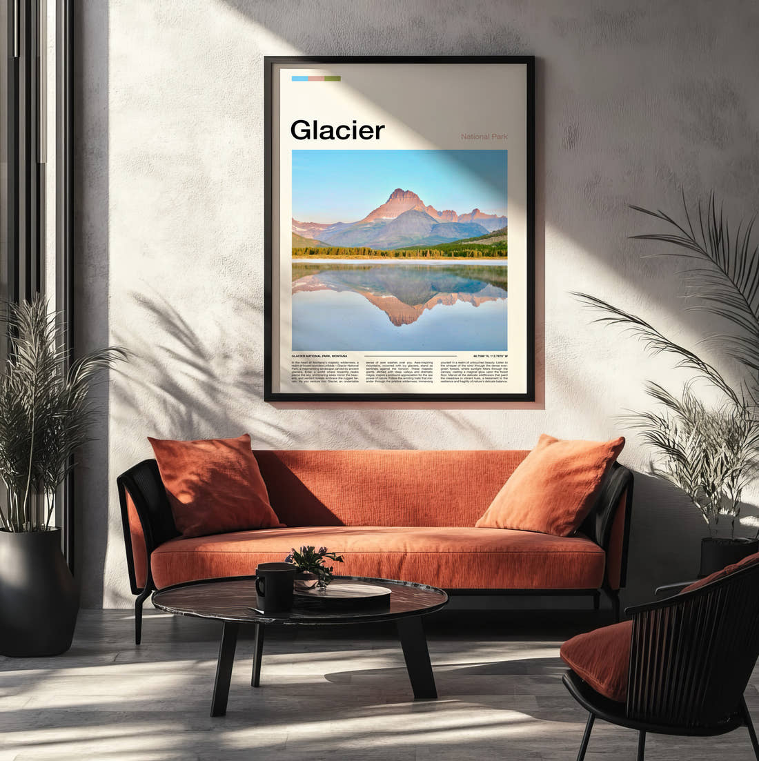 Glacier Mountain Reflected In The Lake Travel Print framed on the wall of a modern living room