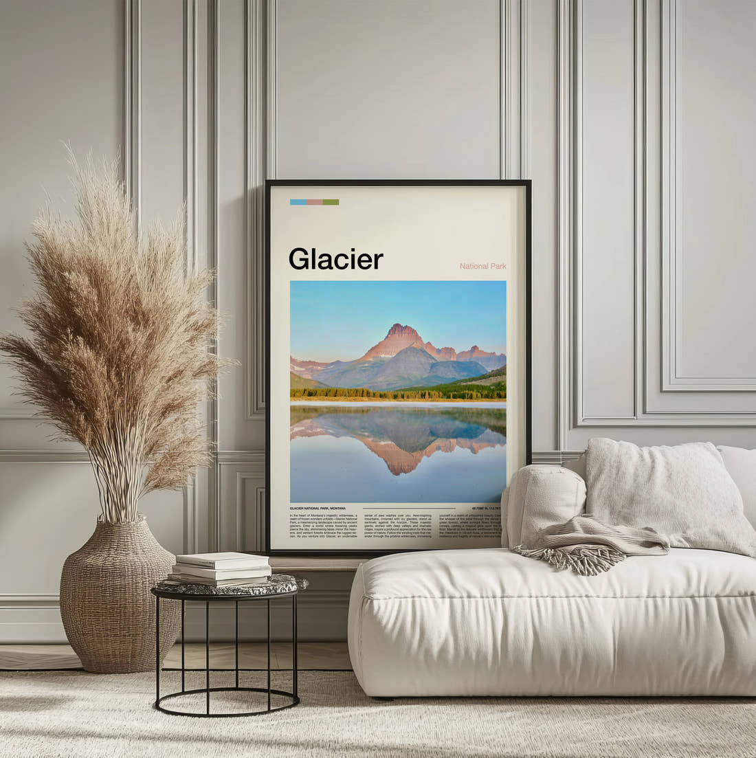 Glacier Mountain Reflected In The Lake Travel Print framed on the wall of a calm, neutral bedroom