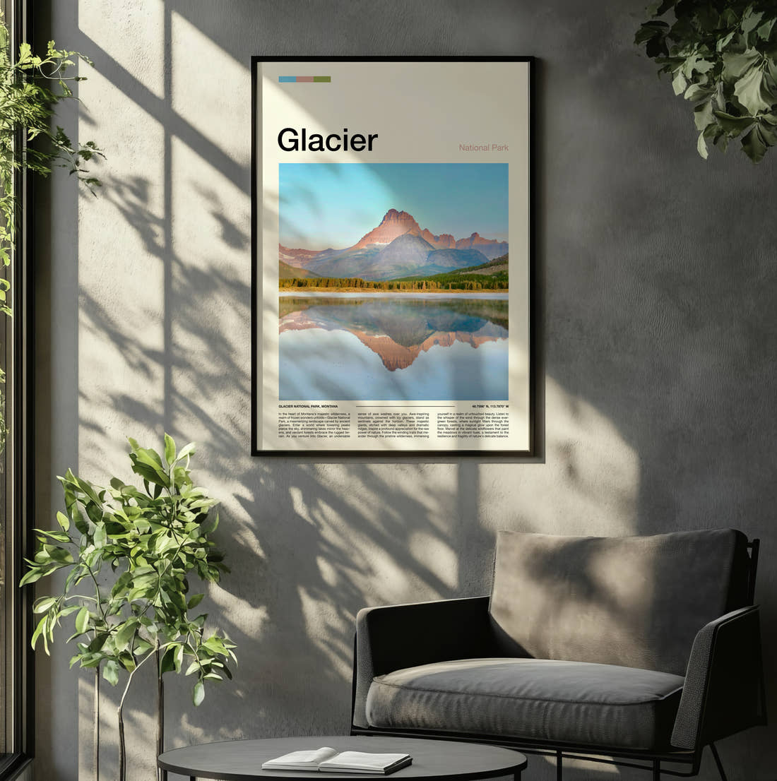 Glacier Mountain Reflected In The Lake Travel Print framed on the wall of a relaxed living room