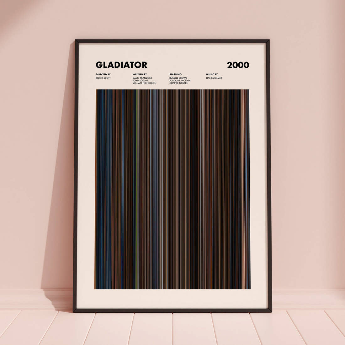 Gladiator Movie Barcode Poster framed and leaning against a coloured wall