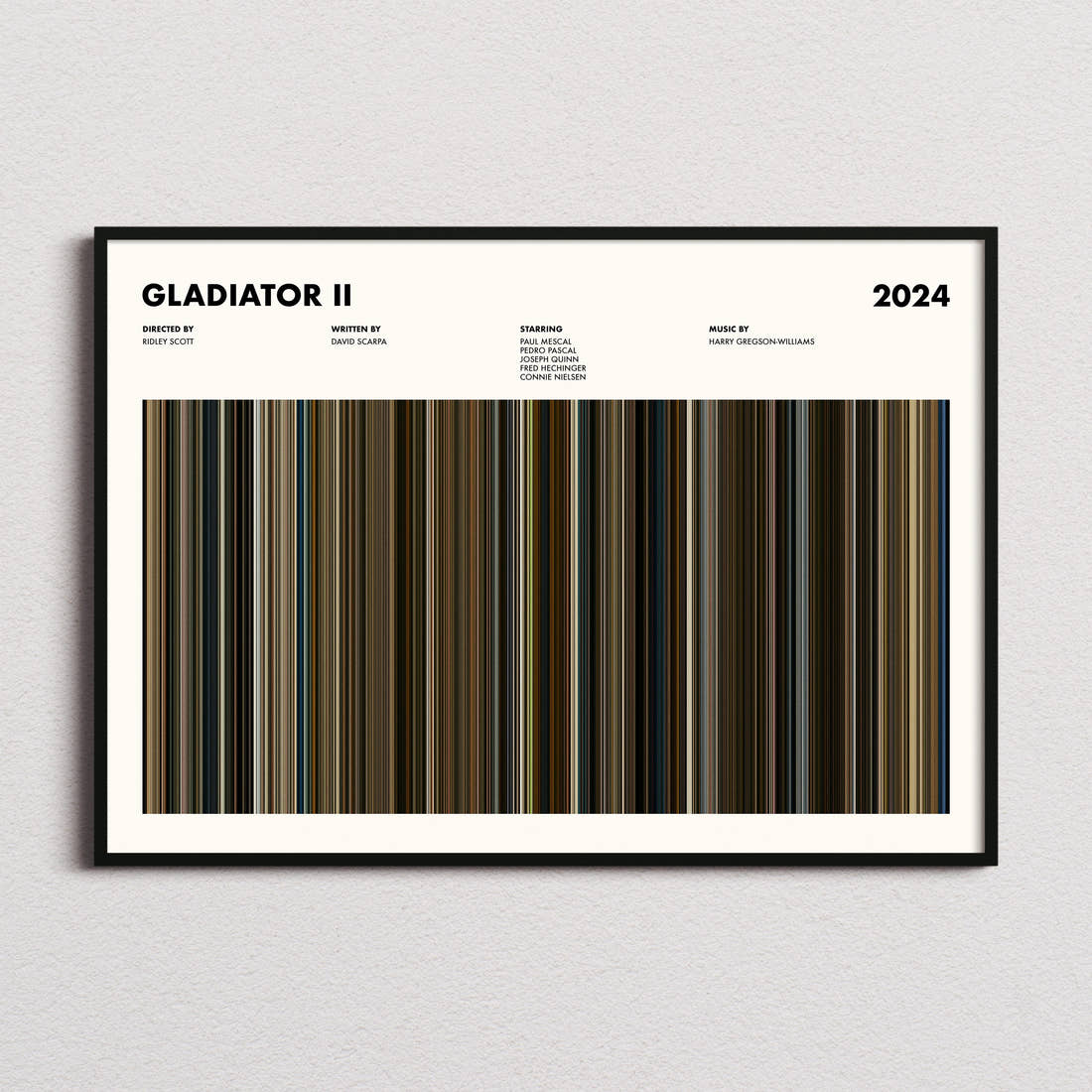 Gladiator 2 Movie Barcode Poster framed and photographed straight on
