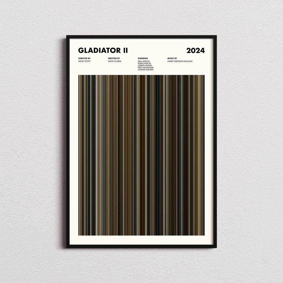 Gladiator 2 Movie Barcode Poster framed on a plain studio wall