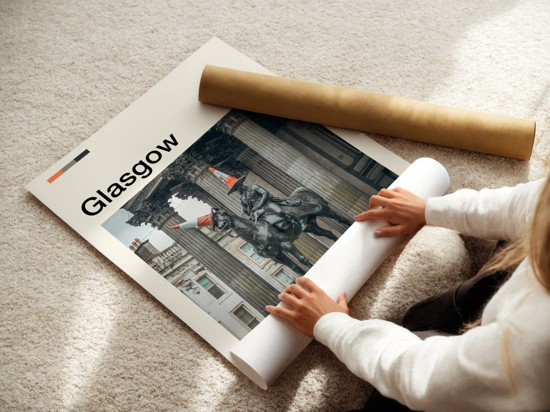 Glasgow Duke Of Wellington Statue Travel Print being unrolled from its postal tube