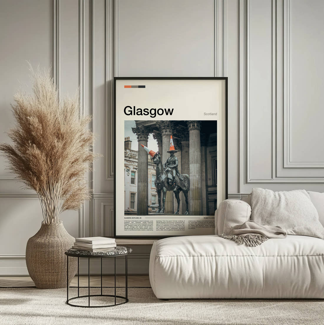 Glasgow Duke Of Wellington Statue Travel Print framed on the wall of a calm, neutral bedroom
