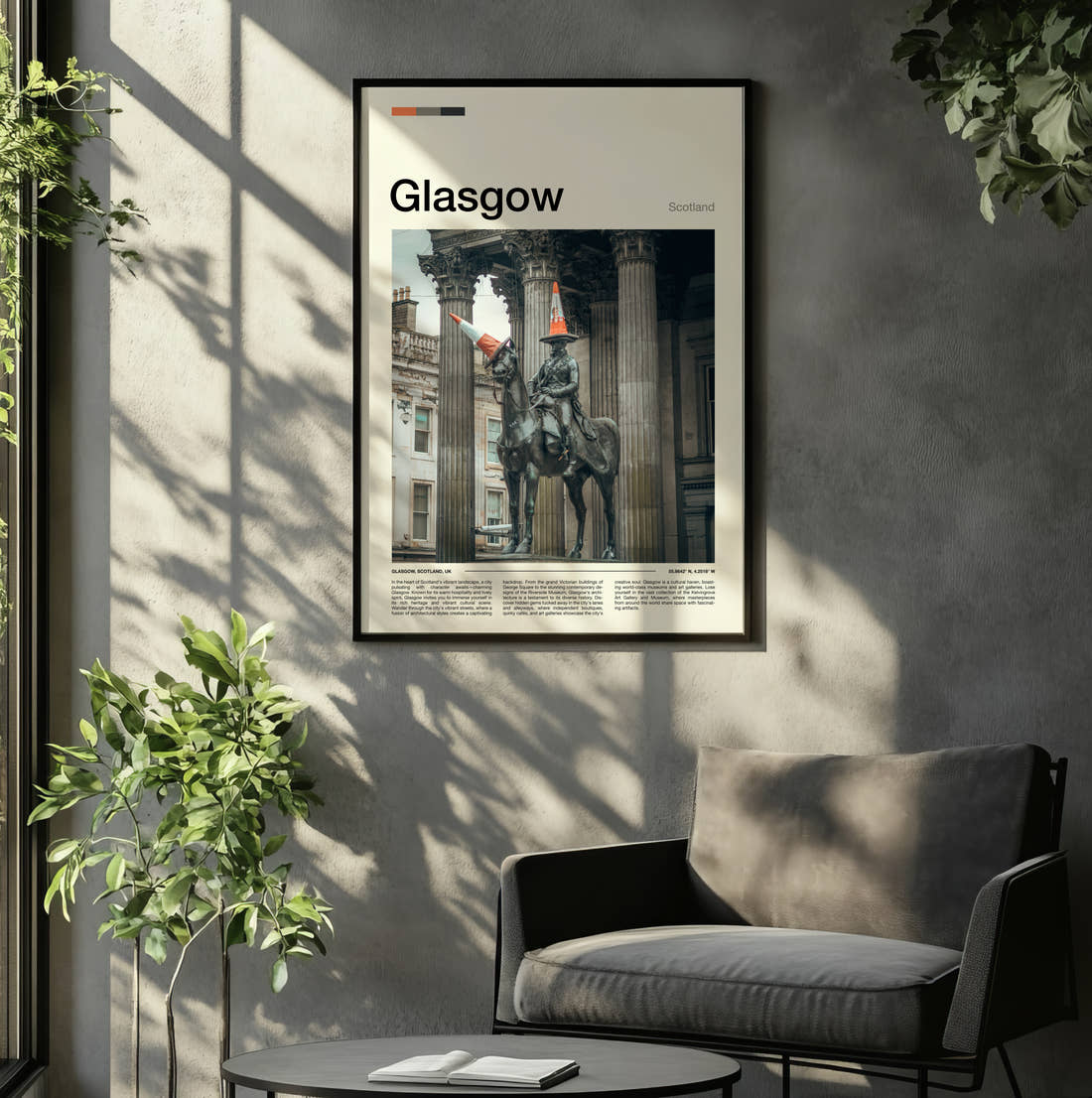 Glasgow Duke Of Wellington Statue Travel Print framed on the wall of a relaxed living room