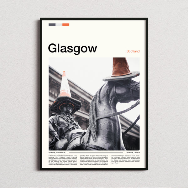 Glasgow - Statue With Traffic Cone - Travel Print