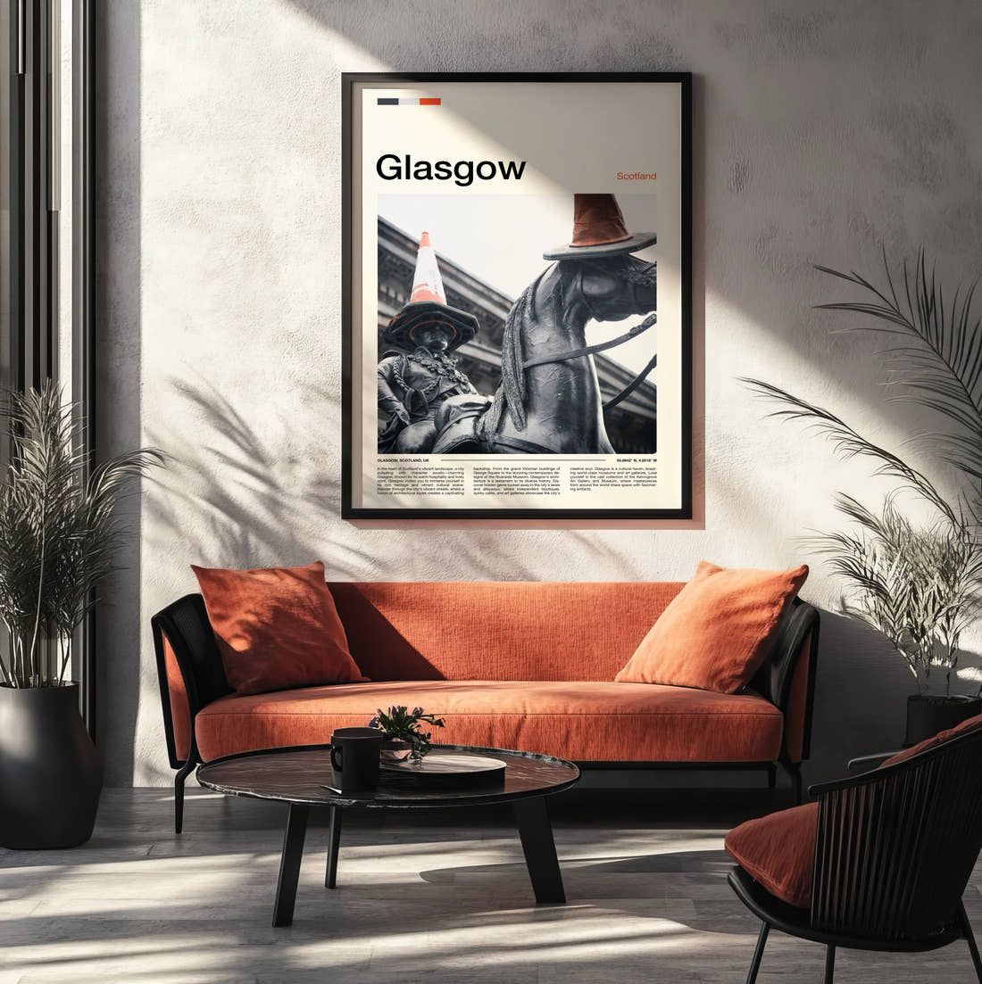 Glasgow Statue With Traffic Cone Travel Print framed on the wall of a modern living room