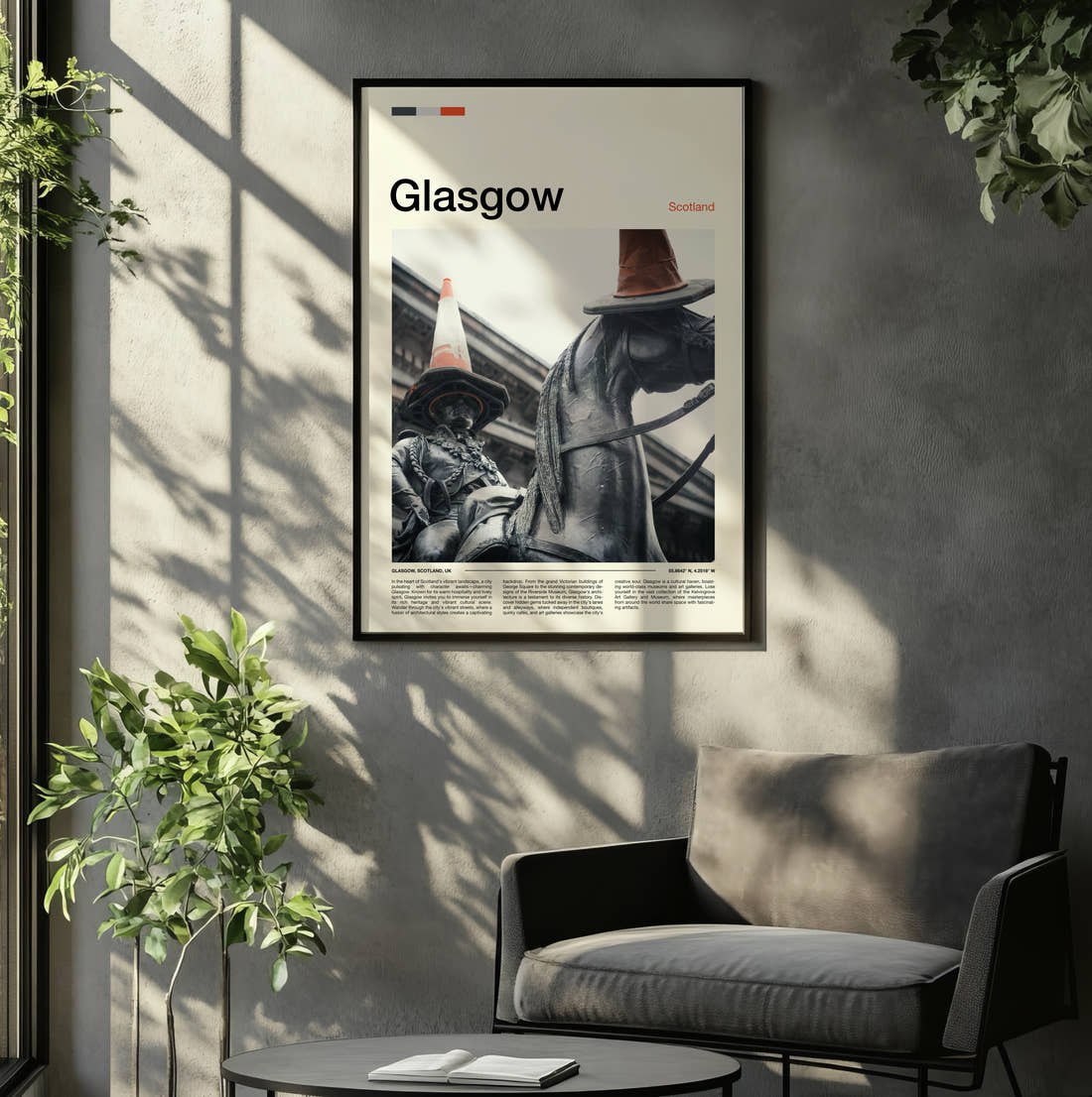 Glasgow Statue With Traffic Cone Travel Print framed on the wall of a relaxed living room