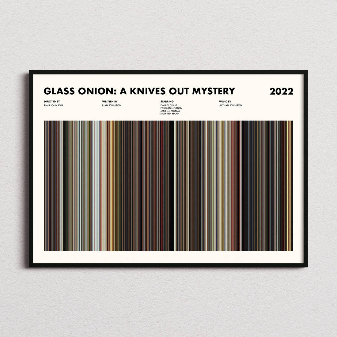 Glass Onion: A Knives Out Mystery Movie Barcode Poster framed and photographed straight on