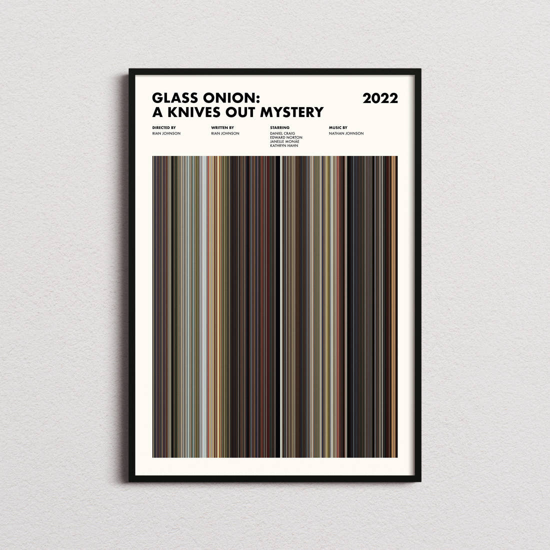 Glass Onion: A Knives Out Mystery Movie Barcode Poster framed on a plain studio wall
