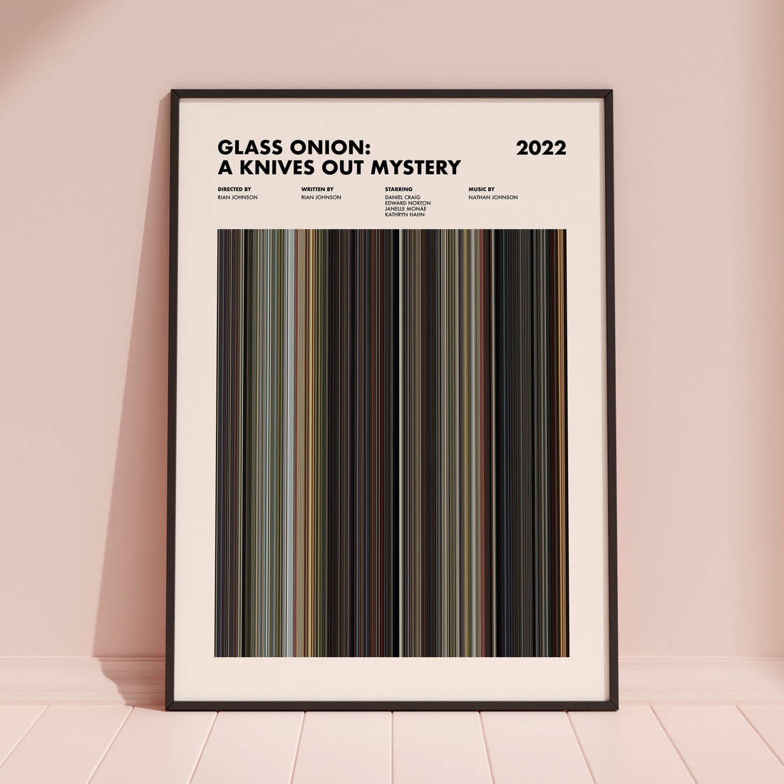 Glass Onion: A Knives Out Mystery Movie Barcode Poster framed and leaning against a coloured wall