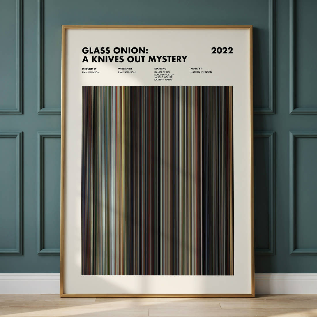 Glass Onion: A Knives Out Mystery Movie Barcode Poster framed and leaning against a panelled wall