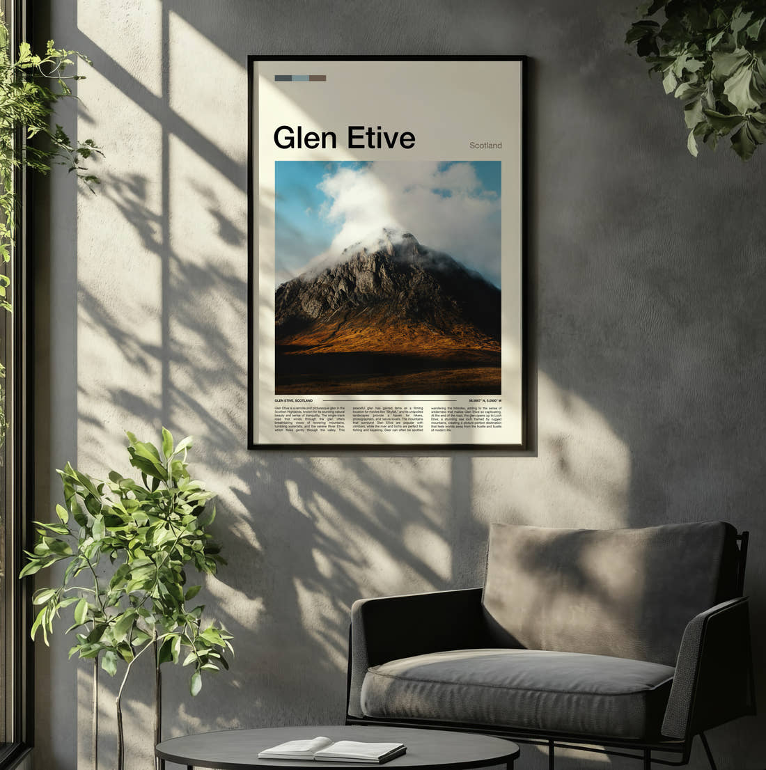 Glen Etive Dark Mountain Peak Travel Print framed on the wall of a relaxed living room