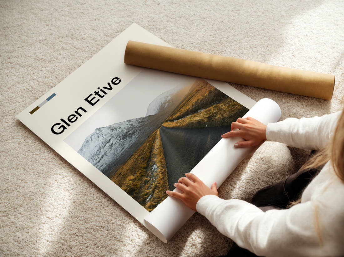 Glen Etive Single Track Road Travel Print being unrolled from its postal tube