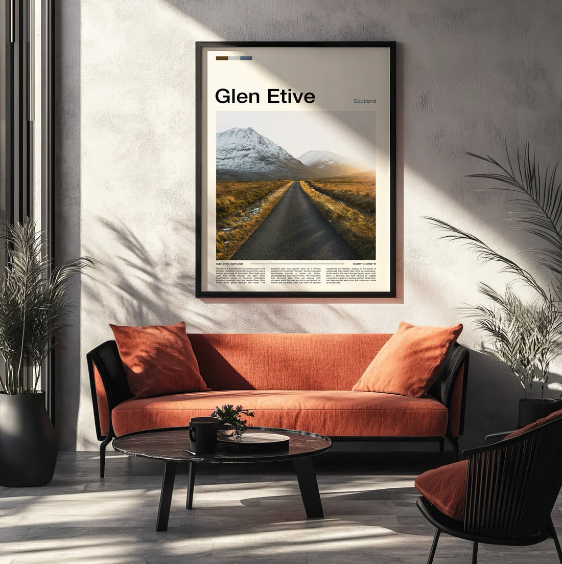 Glen Etive Single Track Road Travel Print framed on the wall of a modern living room