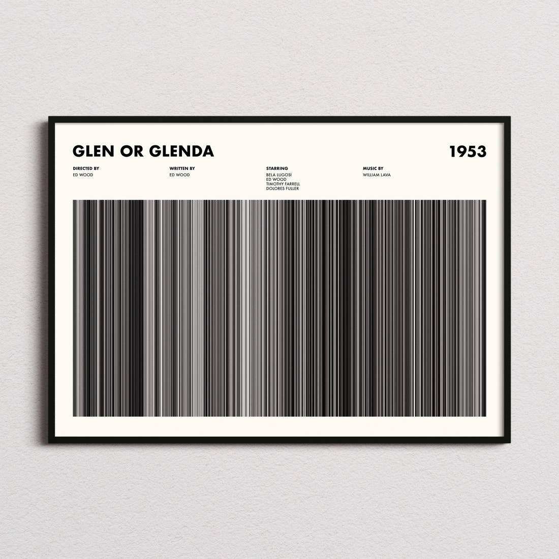 Glen or Glenda Movie Barcode Poster framed and photographed straight on