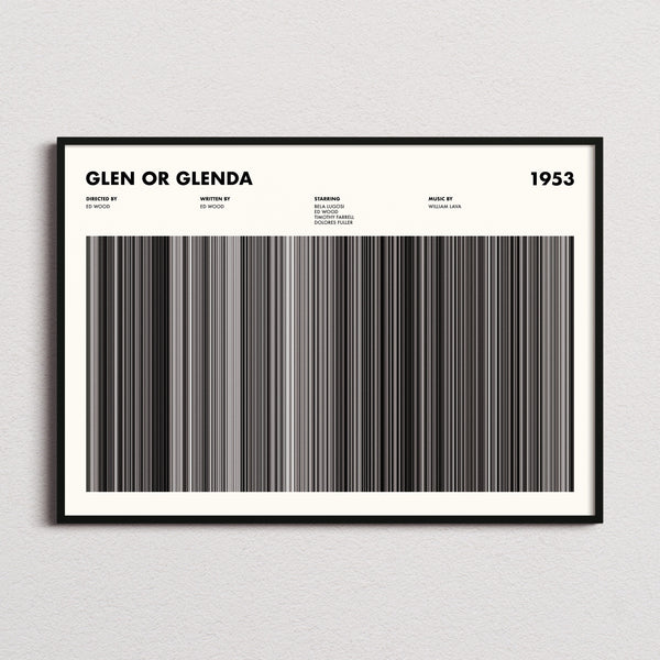 Glen or Glenda Movie Barcode Poster framed and photographed straight on