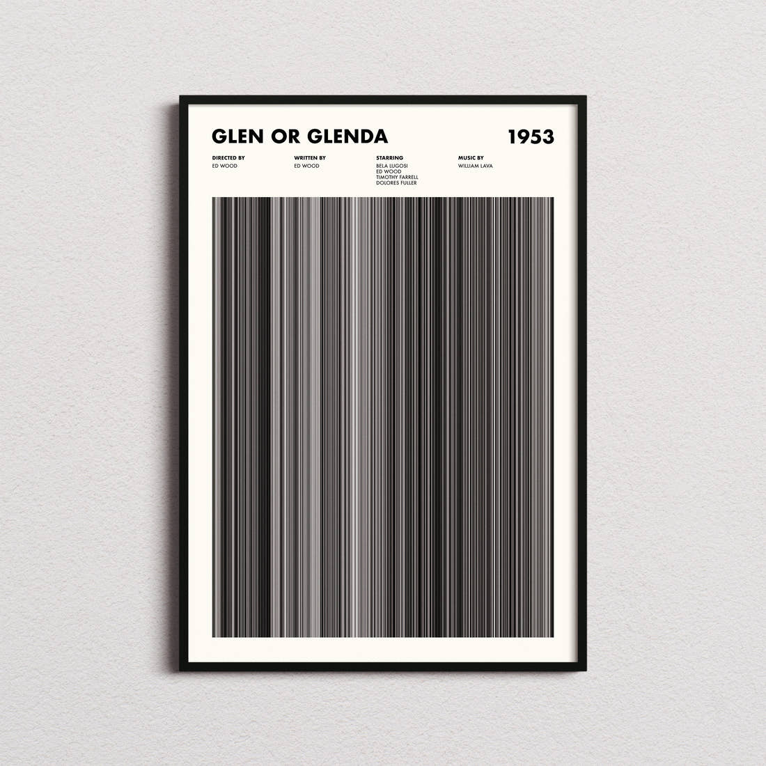 Glen or Glenda Movie Barcode Poster framed on a plain studio wall