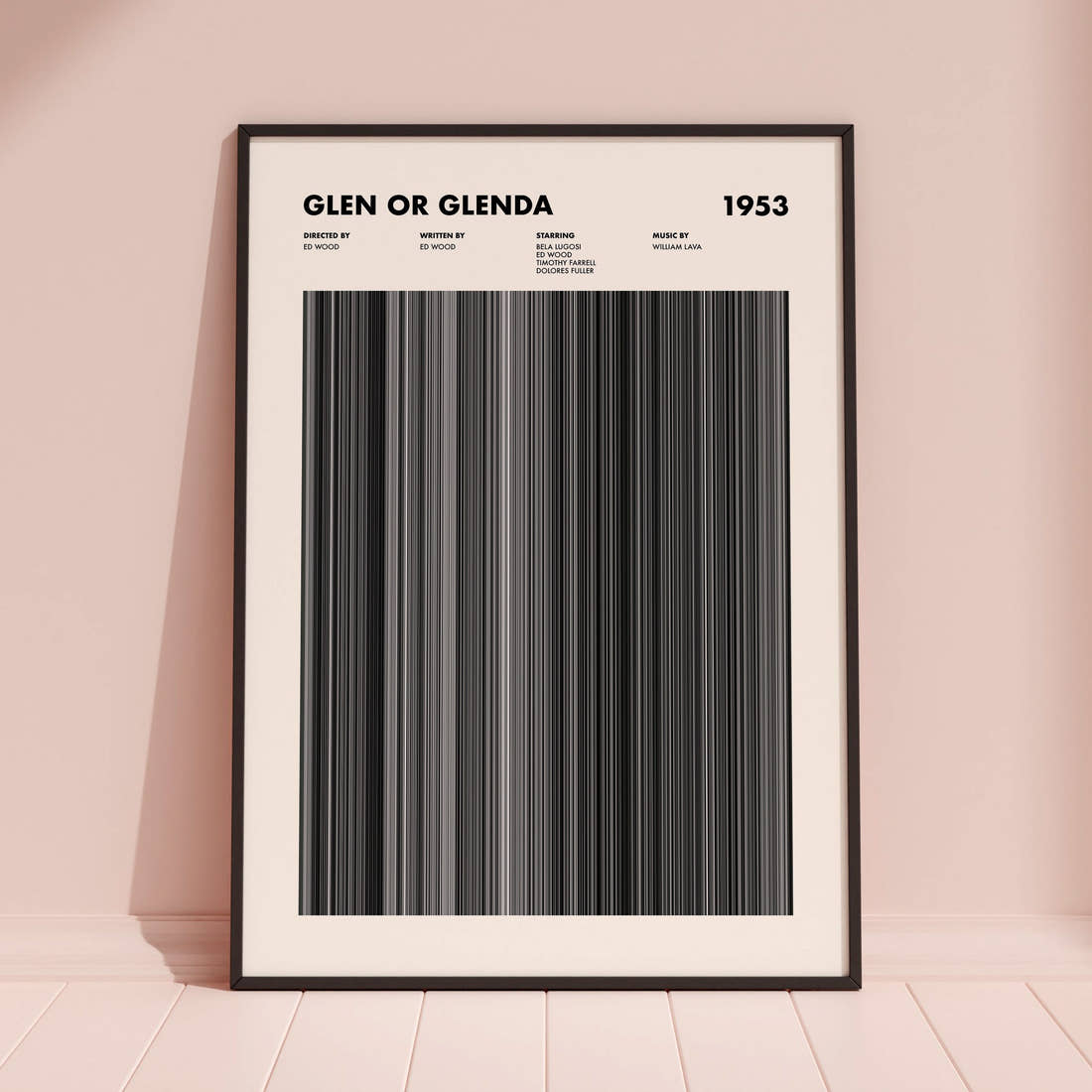Glen or Glenda Movie Barcode Poster framed and leaning against a coloured wall