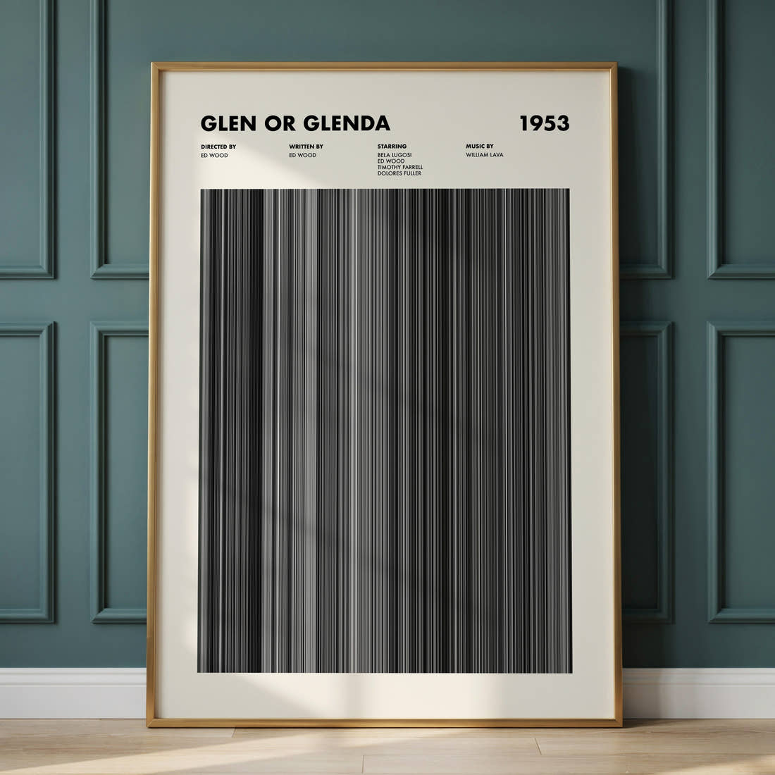 Glen or Glenda Movie Barcode Poster framed and leaning against a panelled wall
