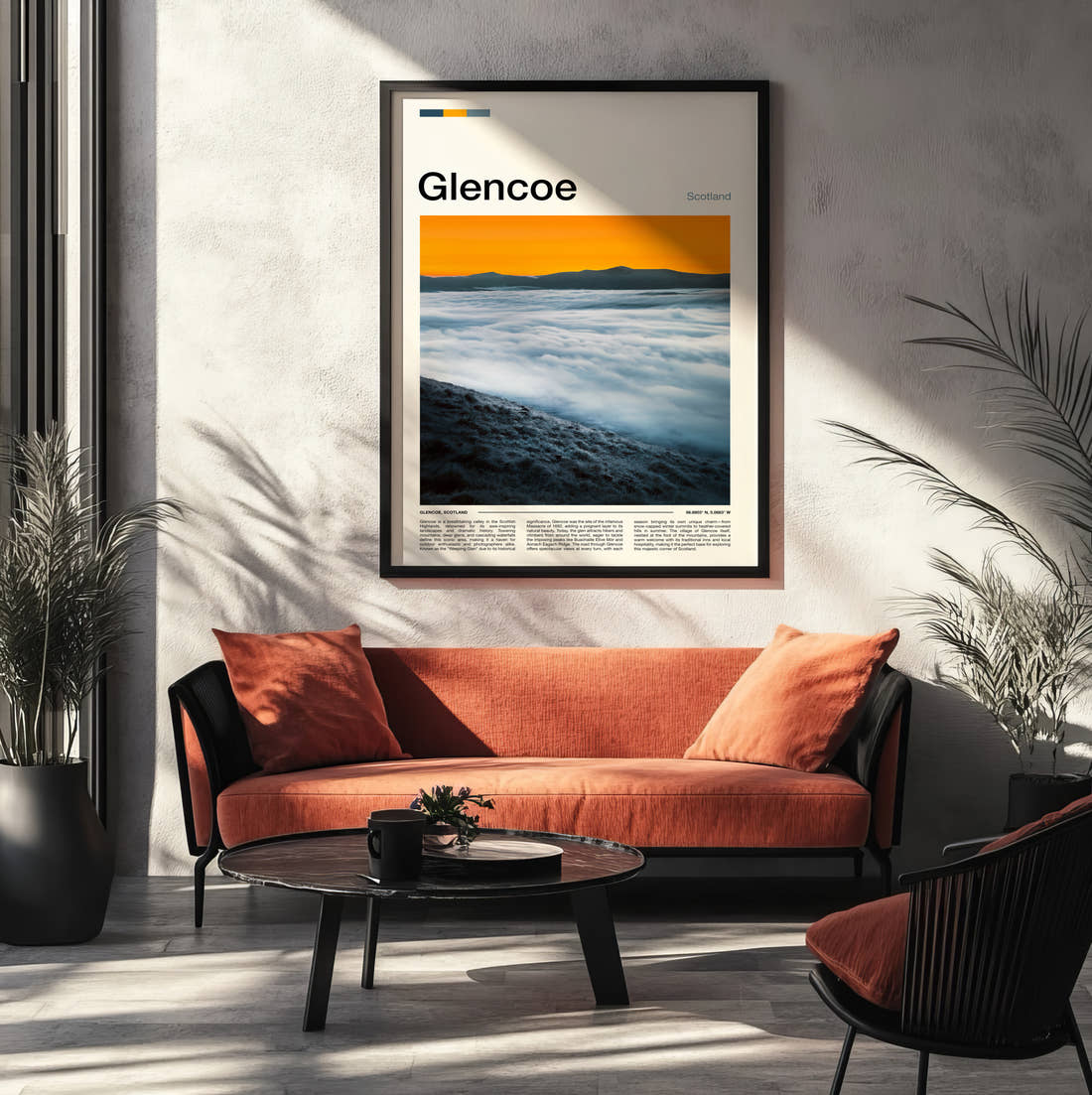 Glencoe Above The Clouds Travel Print framed on the wall of a modern living room