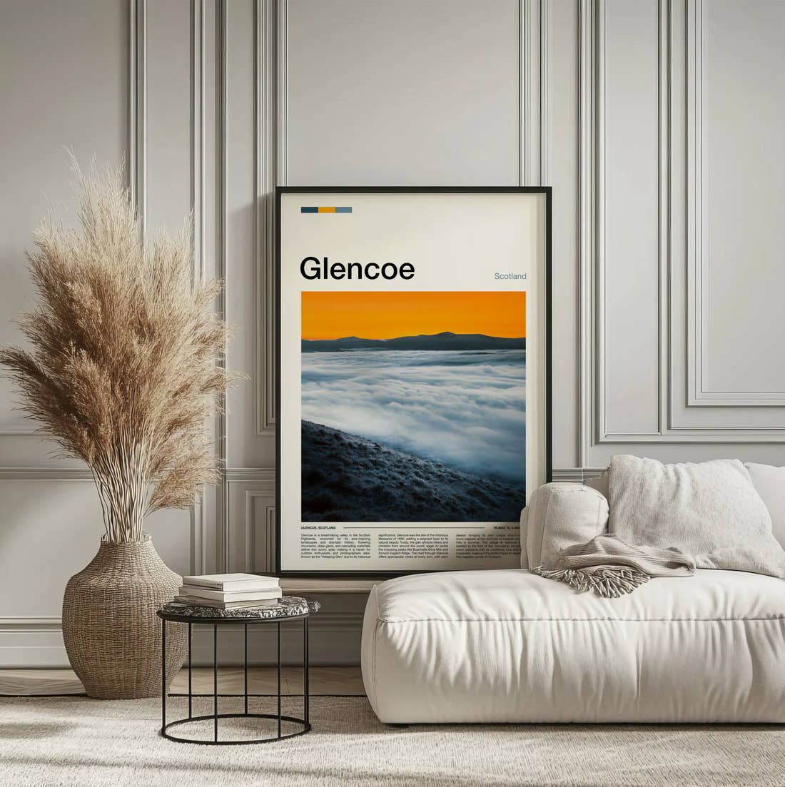Glencoe Above The Clouds Travel Print framed on the wall of a calm, neutral bedroom