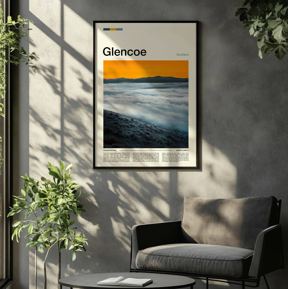 Glencoe Above The Clouds Travel Print framed on the wall of a relaxed living room