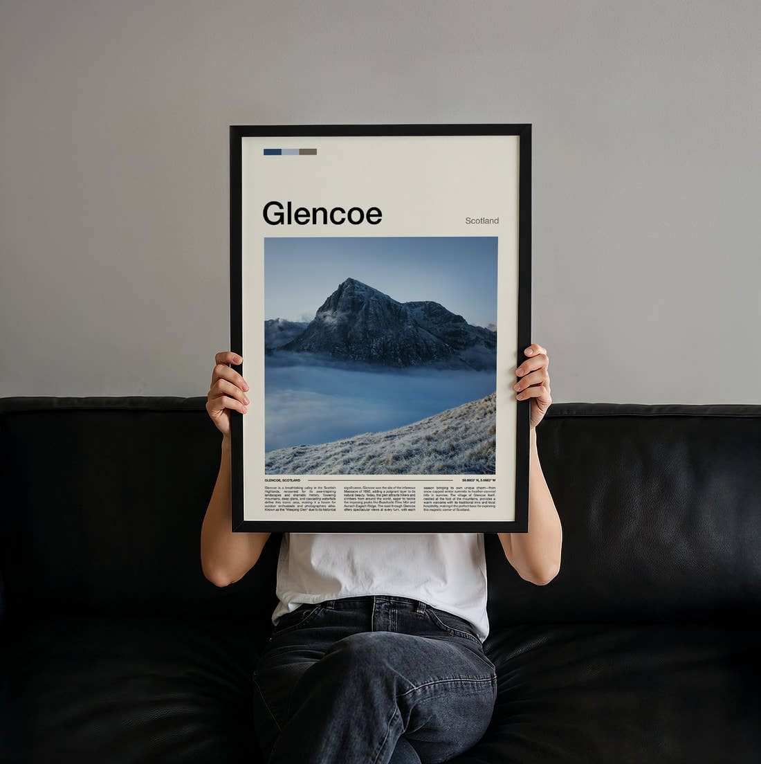 Glencoe Peak Above The Clouds Travel Print held up by hand to show the size of the print