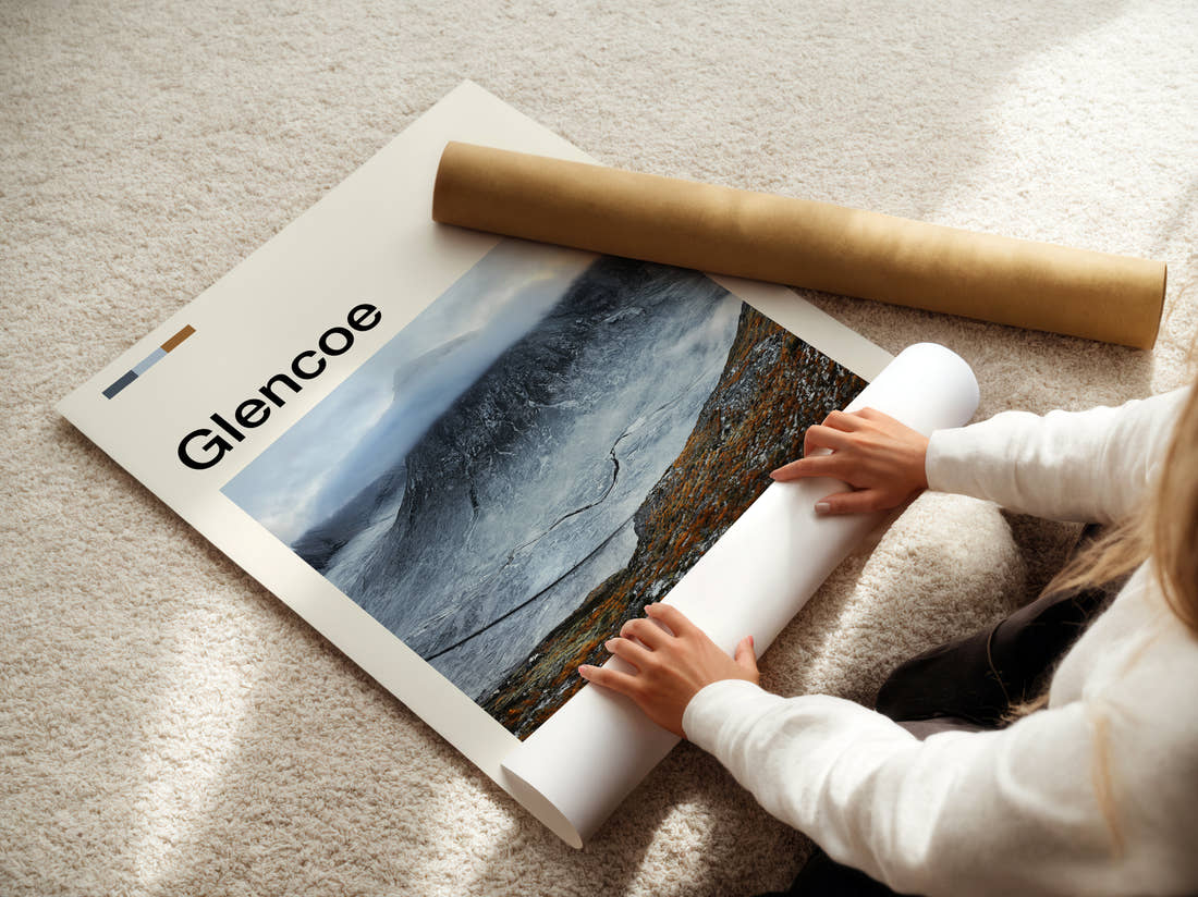 Glencoe Winding River In Snow Travel Print being unrolled from its postal tube