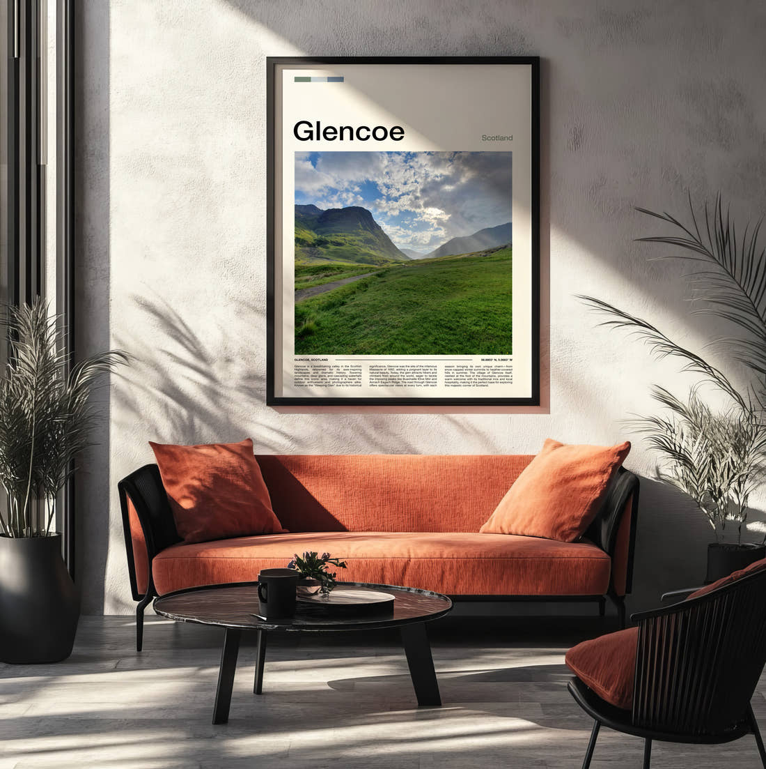 Glencoe Green Valley Path Travel Print framed on the wall of a modern living room
