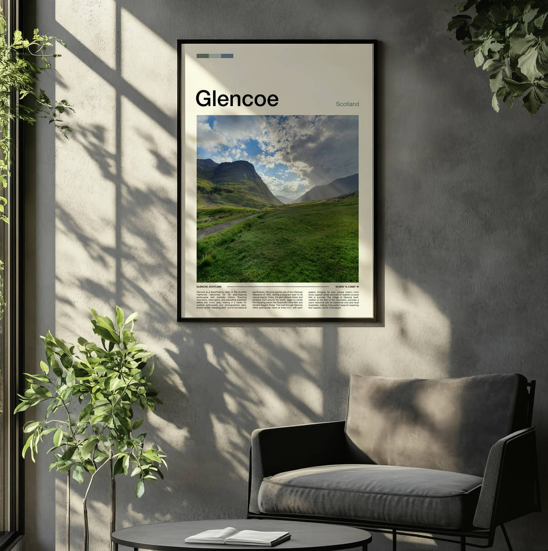 Glencoe Green Valley Path Travel Print framed on the wall of a relaxed living room