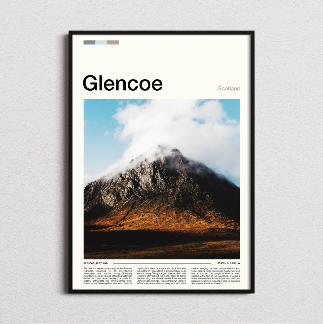 Glencoe Cloud Capped Mountain Travel Print framed and photographed straight on