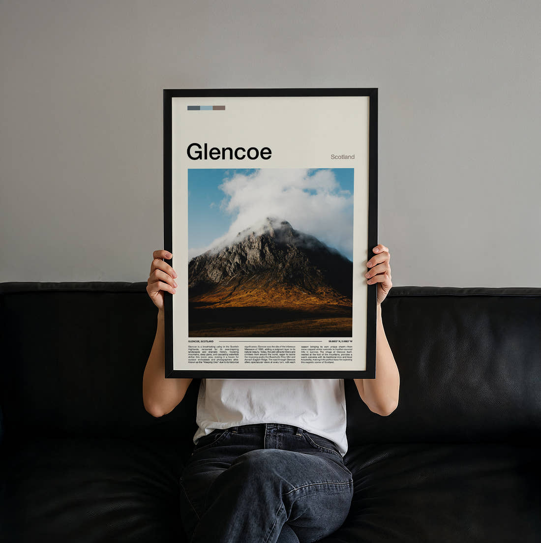 Glencoe Cloud Capped Mountain Travel Print held up by hand to show the size of the print