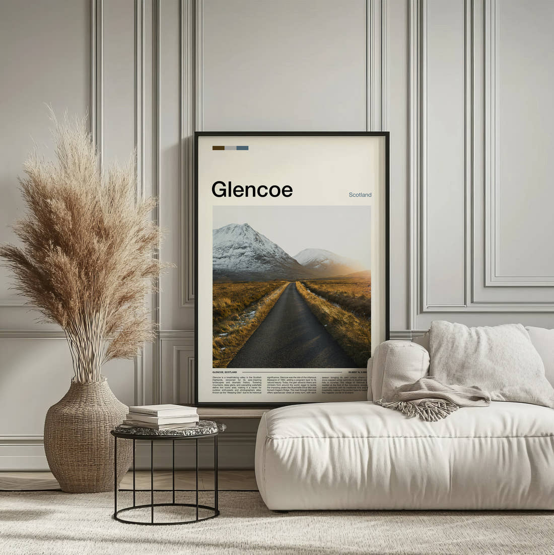Glencoe Empty Road Through Mountains Travel Print framed on the wall of a calm, neutral bedroom