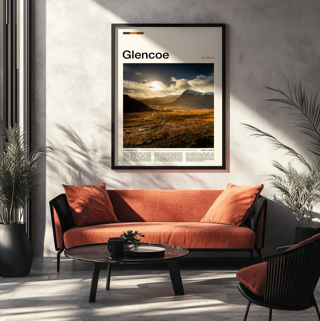 Glencoe Sunlight Over The Valley Travel Print framed on the wall of a modern living room