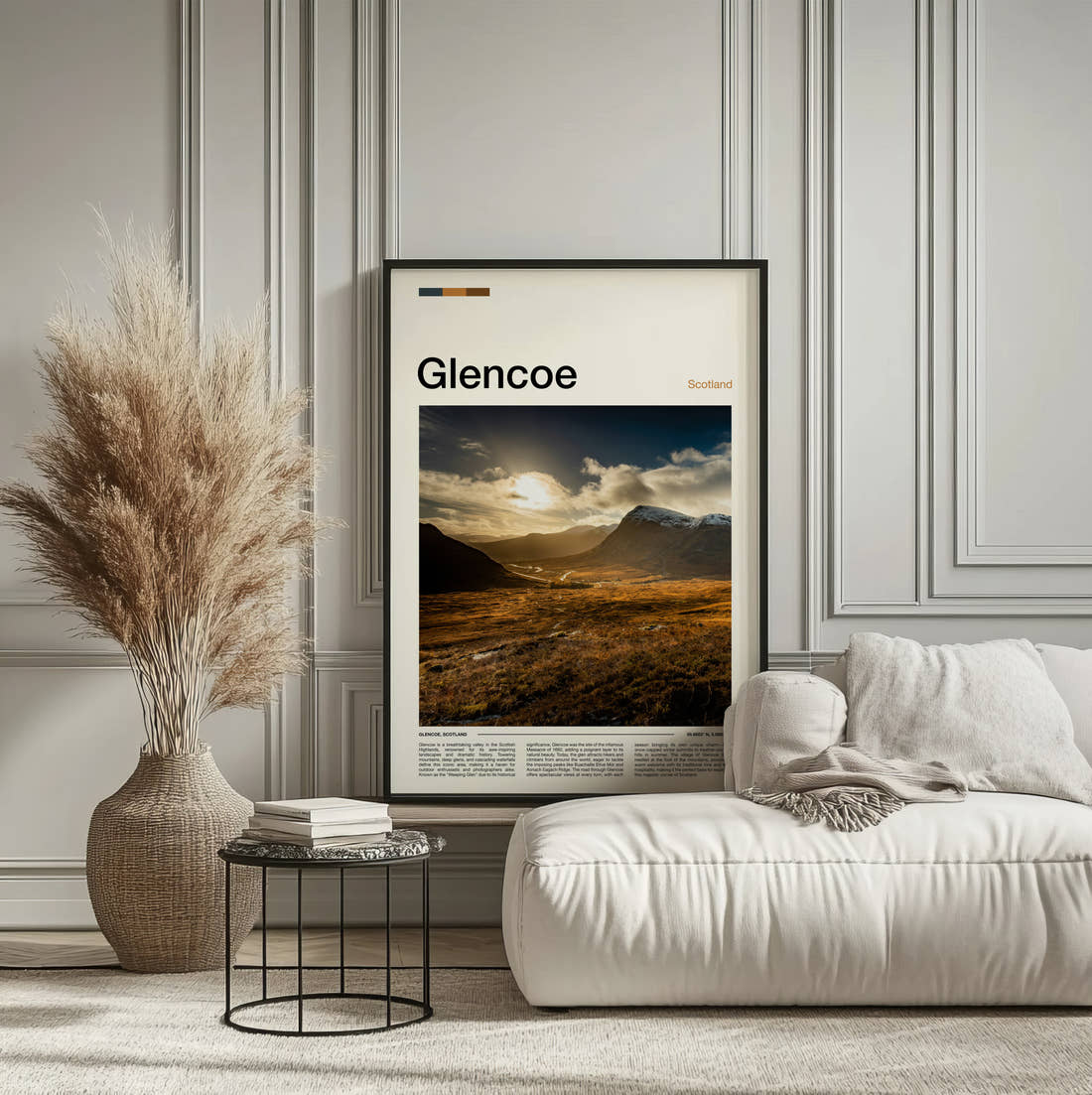 Glencoe Sunlight Over The Valley Travel Print framed on the wall of a calm, neutral bedroom