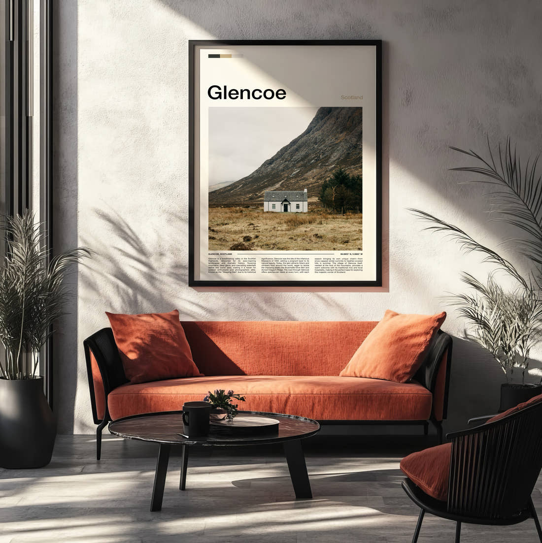 Glencoe Lone White Cottage Travel Print framed on the wall of a modern living room